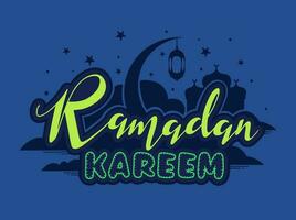 Sticker Style Ramadan Kareem Font with Crescent Moon, Hanging Lantern and Mosque on Blue Background. vector