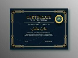 Appreciation Certificate Template Design with Abstract Waves and Golden Badge. vector