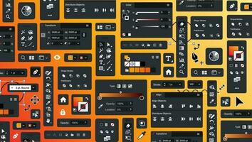 Background of vector processing tools. Tool Blocks. Graphic editor. Designer UX UI bg. Set of icon panels and tools for designers. Set of design theme items. Buttons and icons. Toolbar