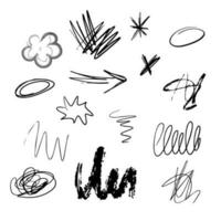 Set of black abstract shapes and scribbles, arrow, flower, circles. Hand written vector design isolated on white.
