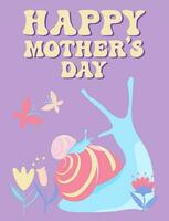 Cute design for greeting card for Mother's day. Hand drawn snails, flowers and butterflies in candy colors. vector