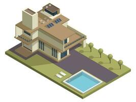 Isometric skyscraper building with swimming pool and garden yard background. vector