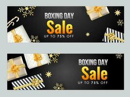 Sale header or banner design with top view of gift boxes, snowflake, star and discount offer for Boxing Day. vector