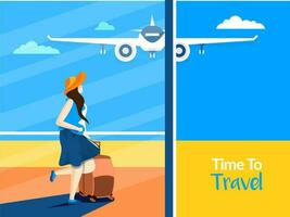 Time To Travel advertising template design with female tourist holding luggage bag going to trip or vacation concept. vector