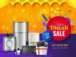 Home appliance electronic sale banner or poster design with 65 discount offer and firecrackers for Happy Diwali celebration. vector