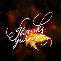 Calligraphy of Thanksgiving on autumn leaves with bokeh effect background. Can be used as poster or template design. vector