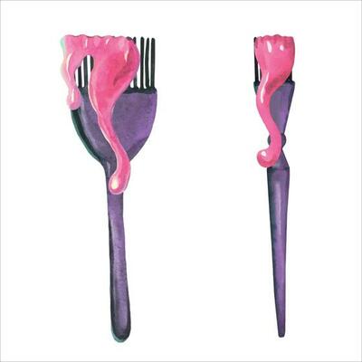 Set of purple professional brushes with smudges of pink hair dye isolated on white. Watercolor illustration of barber equipment for badge, stamp, label, certificate, brochure, flyer, poster.