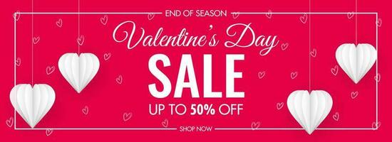 Valentine's Day Sale Header or Banner Design with Discount Offer and White Paper Cut Hearts Decorated on Pink Background. vector