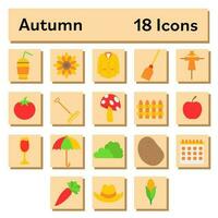 Flat Style Autumn Icon Set In Peach Square Background. vector