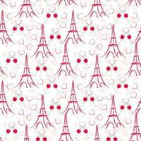 Heart Pattern Background With Sketching Eiffel Tower And Cheers Glass. vector