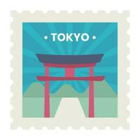 Flat Style Torii Gate With Rays And Mountain For Tokyo Stamp Or Ticket Design. vector