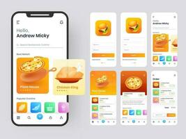 Food mobile app ui kit including sign up, food menu, booking and home service type review screens. vector