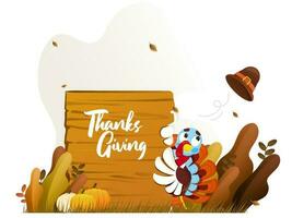 Illustration of turkey with pilgrim hat, pumpkins, autumn leaves and wooden board for Thanksgiving celebration concept. vector