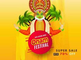 publicidad bandera o póster diseño con ilustración de Kathakali bailarín y descuento oferta para onam festival venta. vector