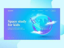 Space study for kids landing page design with rocket moving around the world globe on blue grid background. vector