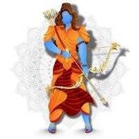 Faceless character of Lord Rama holding bow arrow on mandala pattern background. vector