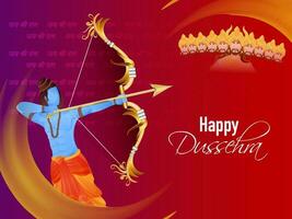 Illustration of Lord Rama taking an aim against Ravana on Jai Shri Ram hindi text pattern background for Happy Dussehra celebration greeting card design. vector