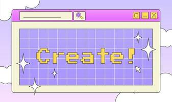 Trendy retro computer screen window, Y2K card, retro illustration, decorative art, web banner with pixel text. vector