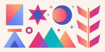 Group of abstract colorful geometric shapes and forms, decorative stickers, elements with soft gradients. vector