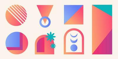 Group of abstract colorful geometric shapes and forms, decorative stickers, elements with soft gradients. vector