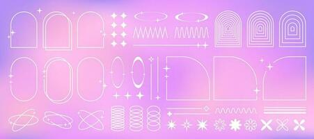 Collection of Y2K graphic elements, frames and design objects. Retro vector graphics on a gradient soft background.