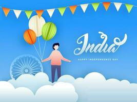 Paper cut style poster or wallpaper design with illustration of a boy holding Tricolor balloon. Stylish text of India with bunting decoration for Happy Independance Day Celebaration. vector