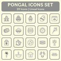 Set Of 20 Black Lineal Pongal Celebration Icons On Square Background In Grey And Beige Color. vector