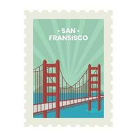 Illustration Of Golden Gate With Rays And Mountain Background For San Francisco Stamp, Label Or Sticker Design. vector