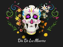 Illustration of ornate sugar skull on floral pattern black background for Dia De Los Muertos banner or poster design. vector