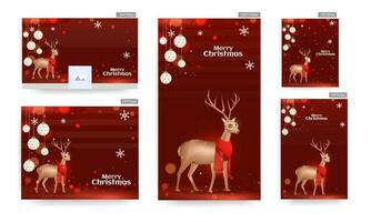 Set of Merry Christmas celebration poster and template design with golden reindeer wearing scarf and hanging baubles on red bokeh effect background. vector