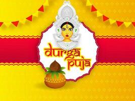 Durga Puja text in Bengali language with illustration of Goddess Durga Face and worship pot on yellow and red background. Can be used as greeting card design. vector