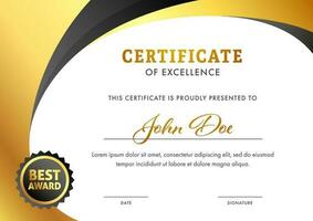 Certificate of Excellence Template Layout in Golden and White Color. vector