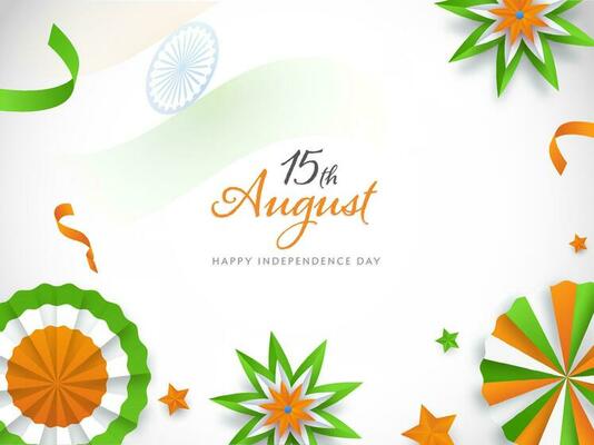 15th August Font with Indian Tricolor Paper Badge, Flowers and Stars Decorated on White Background for Happy Independence Day.