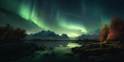 . Photo realistic illustration of aurora northern light. Adventure expidition vibe. . Graphic Art