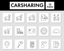 Black Stroke Style Carsharing 15 Icon Set On Square Background. vector