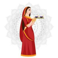 Illustration of woman holding plate of oil lamp standing on mandala pattern background. vector