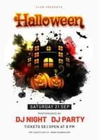 Advertising template or flyer design with jack-o-lanterns, haunted house and event details for Halloween Party. vector