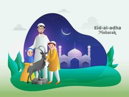 dibujos animados personaje de contento familia en frente de mezquita con cabra en Eid al-Adha Mubarak celebracion. creativo póster o bandera diseño. vector