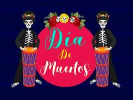 Colorful calligraphy of Dia De Muertos with skeleton man drummer on blue wavy striped background for Day of the dead celebration. vector