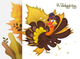 Illustration of crying turkey bird with autumn leaves decorated on white background for Happy Thanksgiving celebration concept. vector