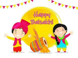 Cartoon Punjabi Kids Enjoying or Dancing with Drum, Wheat Ear, Indian Sweet and Yellow Round Brush Stroke on White Background for Happy Baisakhi Celebration. vector