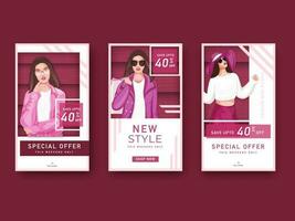 Sale template or flyer design with discount offer and modern young girl character in three option. vector