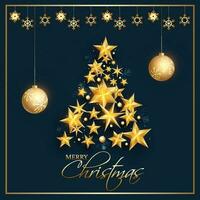 Creative Xmas tree made by golden stars with baubles and snowflake on blue background for Merry Christmas celebration. vector