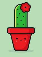 Cute smiling cartoon flat flowering cactus. Green cactus in a red flower pot. Vector illustration.