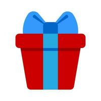 Red gift box with blue ribbon and bow. Vector illustration cartoon style.