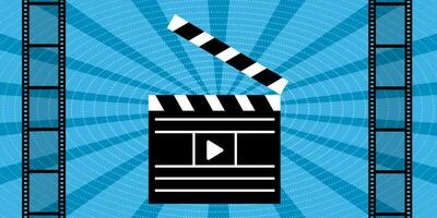 Image of Clapperboard with start button. Cinema screen and film strip. Cinema poster. Vector illustration
