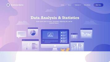 Web banner or landing page design with digital computer and multiple infographics screen on abstract background for Data Analysis and Statistics concept. vector