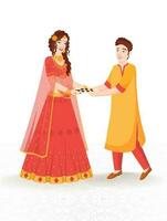 Young girl and boy holding plate of oil lamp on white background for Festival Of Lights. vector