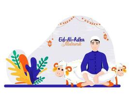 ilustración de un chico con animales para musulmán comunidad, festival de sacrificio, eid-ul-adha celebracion. vector