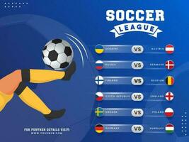 fútbol liga póster diseño con futbolista pateando pelota y diferente países lista. vector